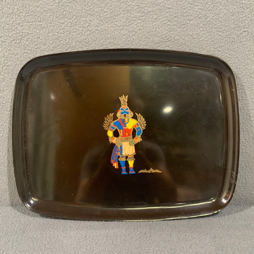 Hummingbird Kachina Serving Couroc Tray Black Vintage MCM Inlaid Art